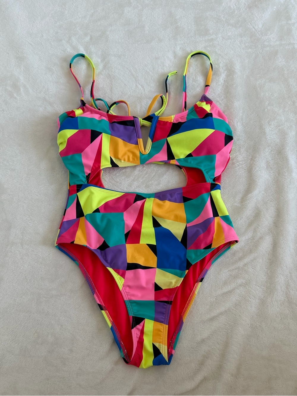 No Boundaries Sz small (4-6) Neon Multicolor Geometric Cutout One-Piece Swimsuit